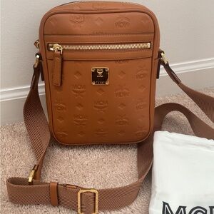 MCM Tan Messenger Bag with Gold Accents